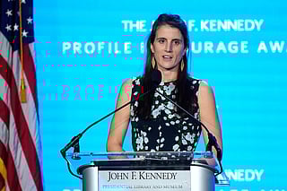 Tatiana Schlossberg, the daughter of Caroline Kennedy and Edwin Schlossberg, addresses an audience during the John F. Kennedy Profile in Courage Award ceremony, at the John F. Kennedy Presidential Library and Museum in Boston, Oct. 29, 2023. 