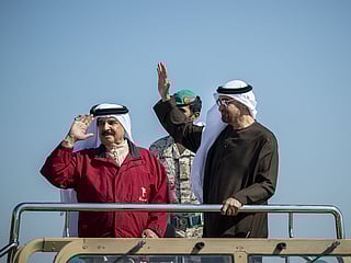 UAE President His Highness Sheikh Mohamed bin Zayed Al Nahyan and His Majesty King Hamad bin Isa Al Khalifa of the Kingdom of Bahrain at the joint Emirati-Bahraini military exercise Rabdan–Shuwaiman 2025, held in Bahrain.