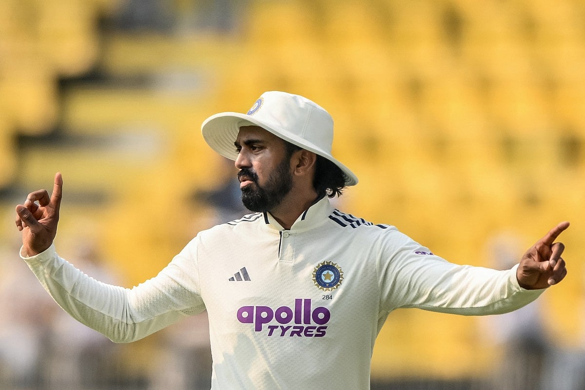 India's KL Rahul arranges the field during the second day of the second Test cricket match between India and South Africa at the Barsapara Cricket Stadium in Guwahati on November 23, 2025.