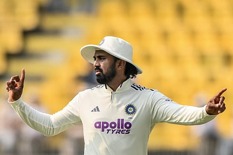 India's KL Rahul arranges the field during the second day of the second Test cricket match between India and South Africa at the Barsapara Cricket Stadium in Guwahati on November 23, 2025.