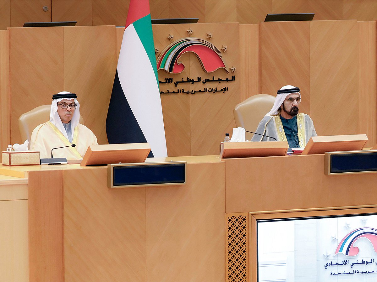 His Highness Sheikh Mohammed bin Rashid Al Maktoum, Vice President and Prime Minister of the UAE and Ruler of Dubai, with Sheikh Mansour bin Zayed Al Nahyan, Vice President, Deputy Prime Minister, and Chairman of the Presidential Court, at the third ordinary session of the 18th legislative chapter of the Federal National Council (FNC) on Tuesday.
