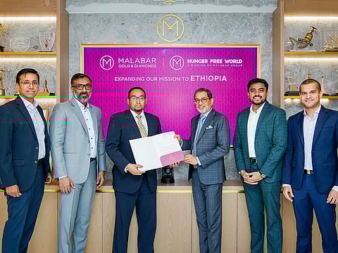 Malabar Gold & Diamonds expands its Hunger Free World initiative to Ethiopia. Abdul Salam K.P, Vice Chairman, hands over the Letter of Intent to Asmelash Bekele, Consul General of Ethiopia in Dubai, at the Malabar International Hub, Dubai Gold Souq.