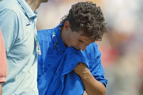 Italian forward Roberto Baggio celebrates his second half goal against Spain on July 9, 1994 at Foxboro Stadium in Boston during their Soccer World Cup quarter final game.