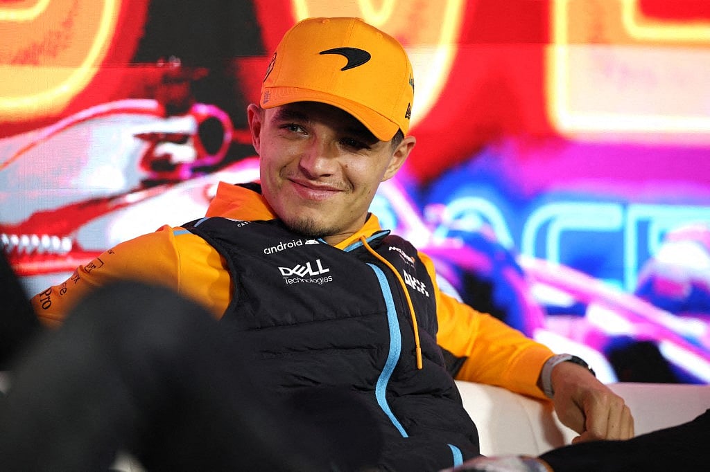 Lando Norris of Great Britain and McLaren looks on in the Drivers Press Conference during previews ahead of the F1 Grand Prix of Las Vegas at Las Vegas Strip Circuit on November 15, 2023 in Las Vegas, Nevada.