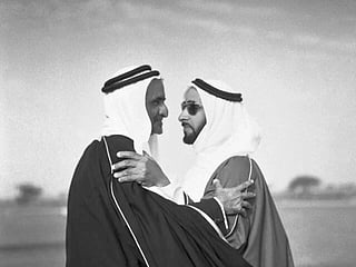Architects of the Union, Dubai 1960s. Sheikh Zayed bin Sultan Al Nahyan and Sheikh Rashid Bin Saeed Al Maktoum often met on 
photo Noor Ali Rashid