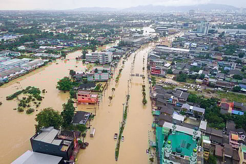 This aerial photo taken on November 26, 2025 shows flood waters covering a highway in Hat Yai in Thailand's southern Songkhla province, as severe flooding affected thousands of people in the country's south following days of heavy rain.