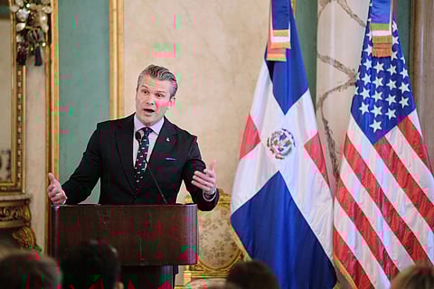 U.S. Secretary of Defense Pete Hegseth speaks during a press conference after a meeting with Dominican Republic President Luis Abinader at the National Palace in Santo Domingo, Dominican Republic, Wednesday, Nov. 26, 2025. 