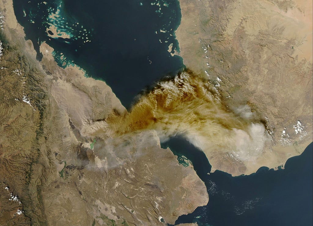 This satellite image released by NASA Worldview shows the Hayli Gubbi volcano in Ethiopia erupting on Nov. 23, 2025. (NASA Worldview via AP)