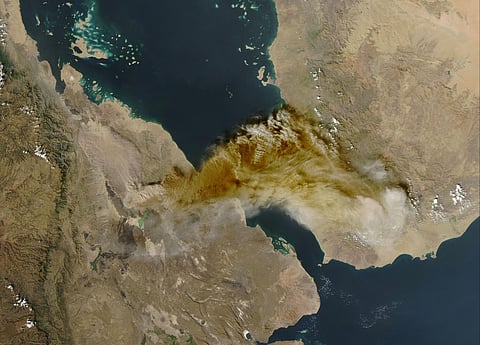 This satellite image released by NASA Worldview shows the Hayli Gubbi volcano in Ethiopia erupting on Nov. 23, 2025. (NASA Worldview via AP)