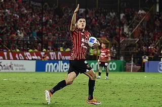 Ronaldo celebrates scoring his team's first goal during the CONCACAF Central American Cup final first leg football match between Guatemala's Xelaju and Costa Rica's Alajuelense at the Alejandro Morera Soto Stadium in Alajuela, Costa Rica, on November 26, 2025.