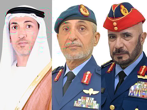 From left to right: Mohammed bin Mubarak bin Fadel Al Mazrouei, Minister of State for Defence Affairs;  Lieutenant General Engineer Issa Saif bin Ablan Al Mazrouei, Chief of Staff of the UAE Armed Forces; and  Lieutenant General Engineer Ibrahim Nasser Al Alawi, Undersecretary of the Ministry of Defense 