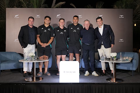 From left to right, Wallace, Roigard, Rieko Ioane and Sean, with all of them in All Blacks jerseys except Sean.