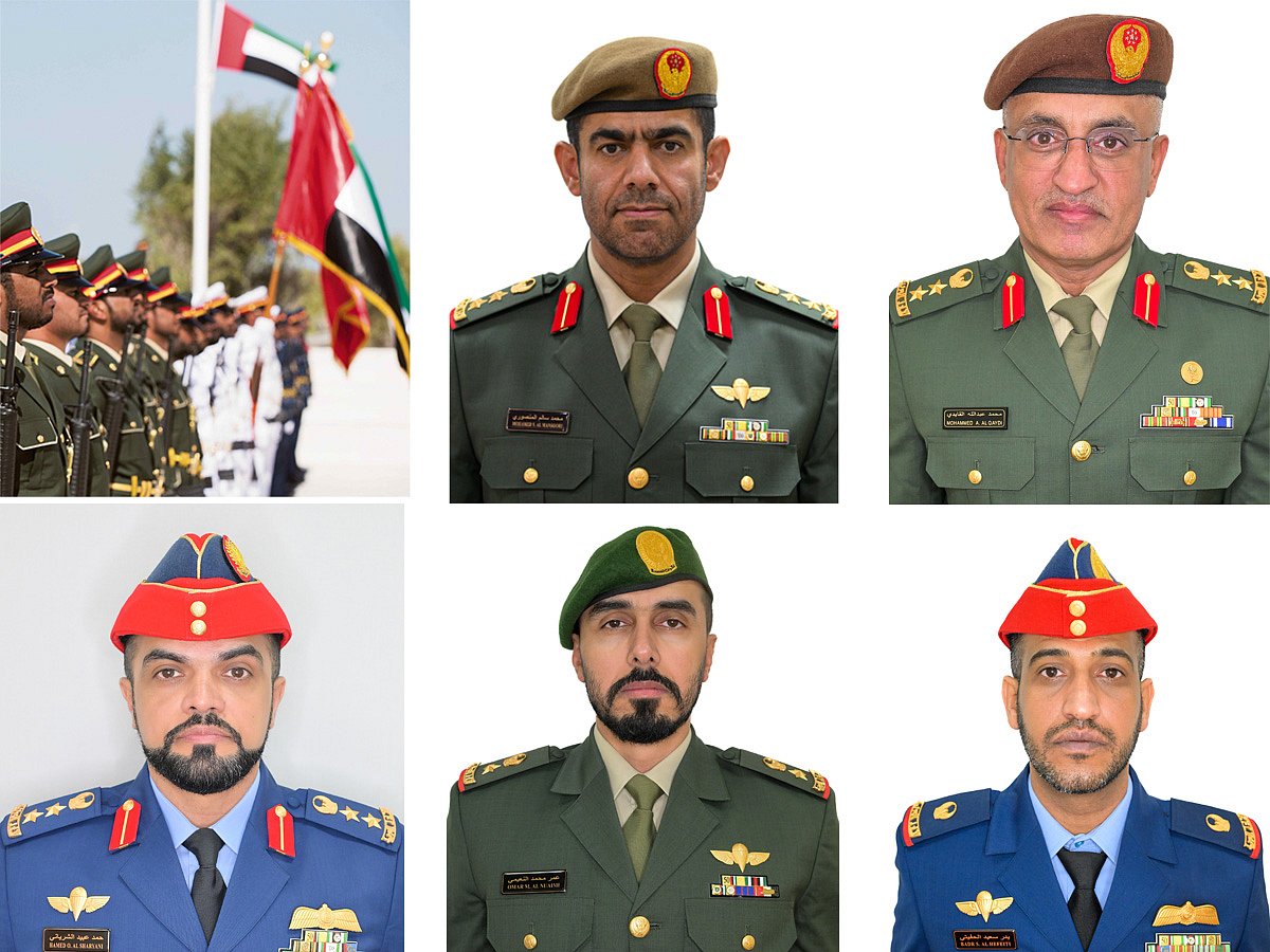 Clockwise from top centre: Colonel Staff Mohammed Al Mansouri., ⁠Colonel Mohammed Al Qaidi. Major Staff Badr Al Hafeeti, Lieutenant Colonel Omar Al Nuaimi and Colonel Hamad Al Sharyani.