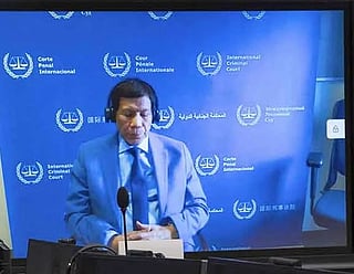 Former Philippine president Rodrigo Duterte appears in a video-conference as he skipped an in-person attendance during the initial hearing at the International Criminal Court (ICC). File photo.