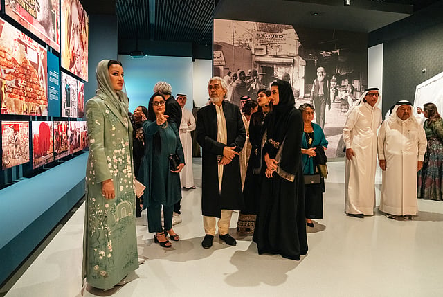 From left: H.H. Sheikha Moza bint Nasser, Chairperson of Qatar Foundation, with Amita Shenoy, the event’s curator, and Mustafa Husain, the third eldest son of the late M.F. Husain, at the opening of the Lawh Wa Qalam – M.F. Husain Museum in Education City, Doha, Qatar.