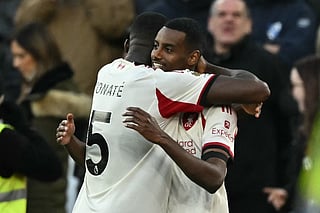 Liverpool's Swedish striker #09 Alexander Isak (R) celebrates with Liverpool's French defender #05 Ibrahima Konate (L) after scoring the opening goal of the English Premier League football match against West Ham United at the London Stadium, in London on November 30, 2025.
