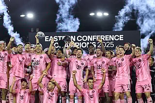 Lionel Messi #10 of Inter Miami CF and teammates lift the Champion's trophy after winning the the Audi 2025 MLS Cup western conference final match between Inter Miami CF and New York City FC at Chase Stadium on November 29, 2025 in Fort Lauderdale, Florida.