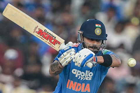 India's Virat Kohli plays a shot during the first one-day international (ODI) cricket match between India and South Africa at the JSCA International Stadium in Ranchi on November 30, 2025.