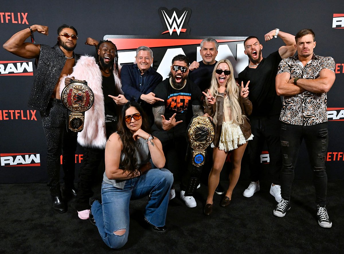 Trick Williams, Kofi Kingston, Ted Sarandos, Co-CEO, Netflix, Raquel Rodriguez, Jey Uso, Nick Khan, President of WWE, Liv Morgan, Austin Theory, and Grayson Waller attend Netflix & WWE "Monday Night RAW" Brunch at MGM Grand Hotel & Casino on April 21, 2025 in Las Vegas, Nevada.