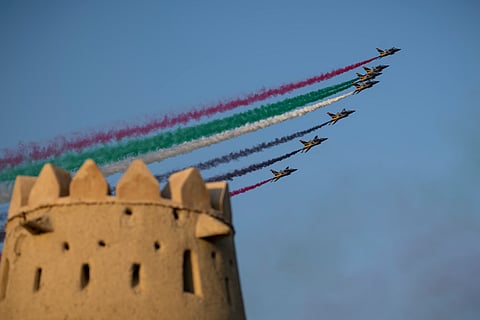 Pictured above is a spectacular air display at the celebration for 181 grooms from the Al Ain region at Al Jahili Fort. 