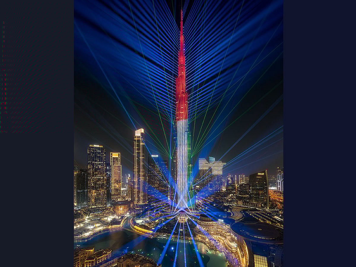 Dubai’s Burj Khalifa lit up in spectacular colours to mark the 54th Eid Al Etihad, drawing thousands of residents and visitors to Downtown Dubai.