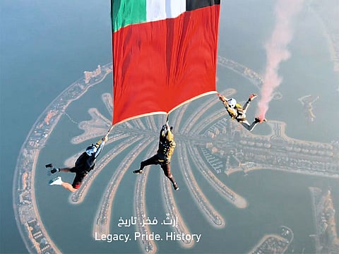 A screengrab of the sky-high salute to the UAE led by Lieutenant Ahmed Al Shehhi. 