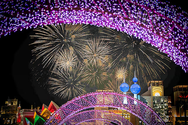 Global Village lights up the sky with a breathtaking fireworks display.