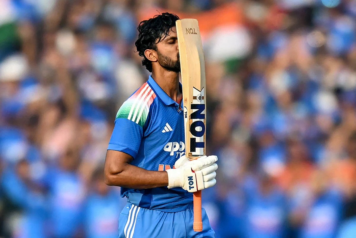 India's Ruturaj Gaikwad celebrates after scoring a century (100 runs) during the second one-day international (ODI) cricket match between India and South Africa at the Shaheed Veer Narayan Singh International Cricket Stadium in Raipur on December 3, 2025.