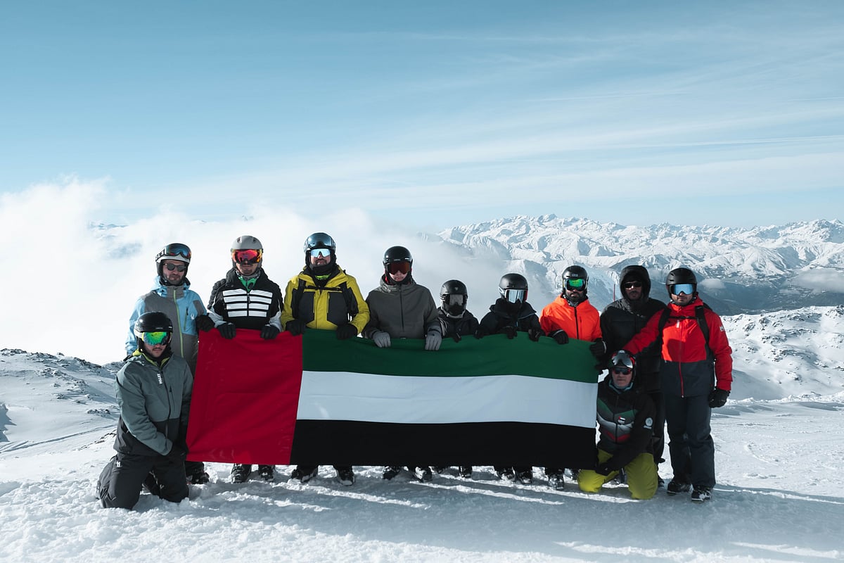 UAE flag and portrait of Zayed and Rashid unfurled atop the Alps as part of Eid Al Etihad celebrations