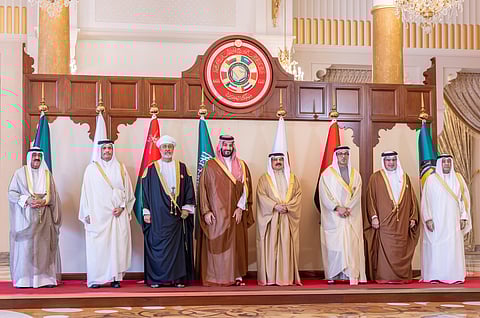 From left: Sheikh Meshal Al Ahmad Al Jaber Al Sabah, Emir of Kuwait; Sheikh Mohamed Bin Abdulrahman Al Thani, Prime Minister and Minister of Foreign Affairs of Qatar; Sultan Haitham Bin Tariq of Oman; Saudi Crown Prince Mohammed Bin Salman Bin Abdul Aziz, King Hamad Bin Isa Al Khalifa of Bahrain;Sheikh Mansour Bin Zayed Al Nahyan, UAE Vice-President and Deputy Prime Minister; Prince Salman Bin Hamad Bin Isa Al Khalifa, Crown Prince of Bahrain; and Jassem Mohamed Al Budaiwi, Secretary-General of the Gulf Cooperation Council, at the summit in Manama.