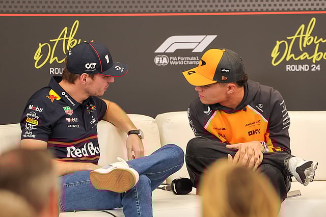 Max Verstappen of Red Bull and Lando Norris of McLaren during a press conference ahead of Formula 1 Etihad Airways Abu Dhabi Grand Prix 2025.