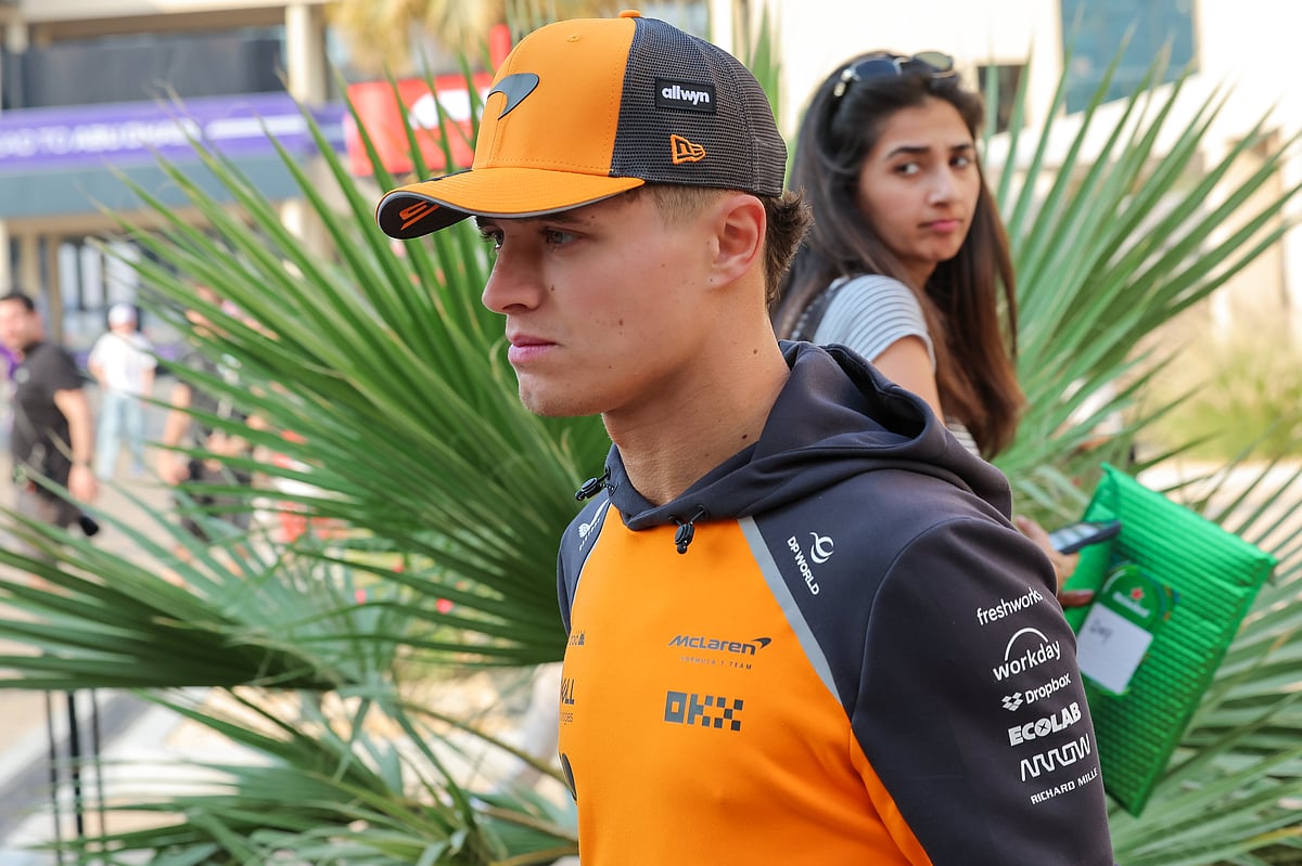 Lando Norris of McLaren arrives for a press conference ahead of Formula 1 Etihad Airways Abu Dhabi Grand Prix 2025. 