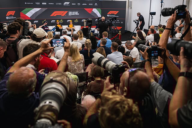 Red Bull Racing's Dutch driver Max Verstappen (L), McLaren's British driver Lando Norris and McLaren's Australian driver Oscar Piastri attend a press conference ahead of the Abu Dhabi Formula One Grand Prix at the Yas Marina Circuit in Abu Dhabi on December 4, 2025.