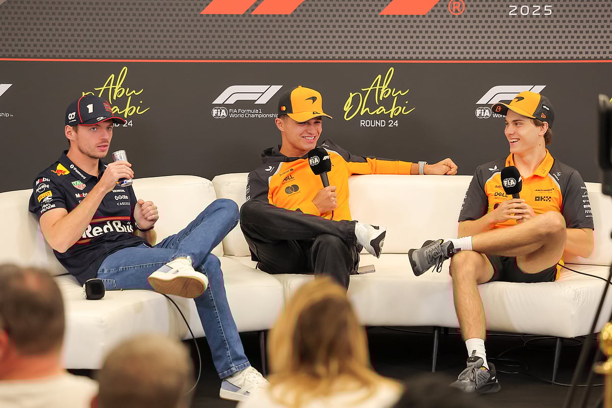 Max Verstappen of Red Bull, Lando Norris and Oscar Piastri of McLaren during a press conference ahead of Formula 1 Etihad Airways Abu Dhabi Grand Prix 2025 at the Yas Marina Circuit yesterday. 