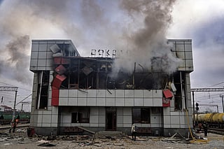 Smoke rises from a heavily damaged train station building in the town of Fastiv, Kyiv region, after an air attack, on December 6, 2025, amid the Russian invasion of Ukraine. File photo.
