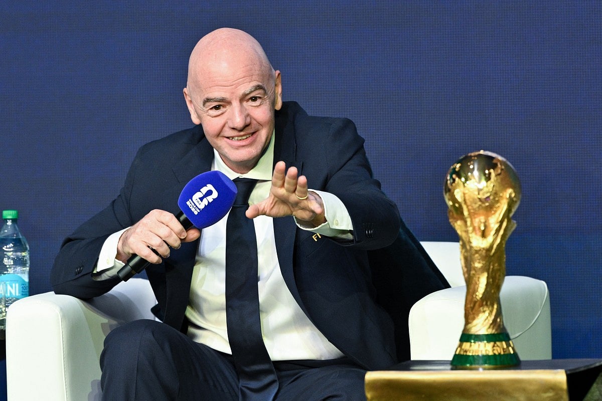FIFA President Gianni Infantino speaks during the FIFA World Cup 2026 official match schedule announcement in Washington, DC, on December 6, 2025.