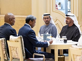 President His Highness Sheikh Mohamed bin Zayed Al Nahyan meets with Dr. Patrick Herminie, President of Seychelles.