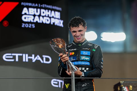 McLaren's Lando Norris celerbrate after winning his first Formula 1 drivers' championship at the Formula 1 Etihad Airways Abu Dhabi Grand Prix 2025. Photo Virendra Saklani/Gulf News