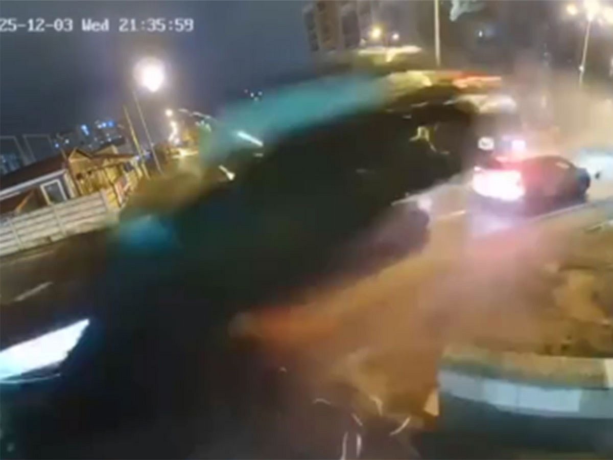 The vehicle vaulted over waiting cars.