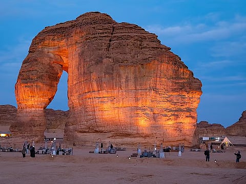 Tourists at the Elephant Rock. The Elephant Rock is one of the world’s most popular rocks and the highlight of the region of AlUla.
