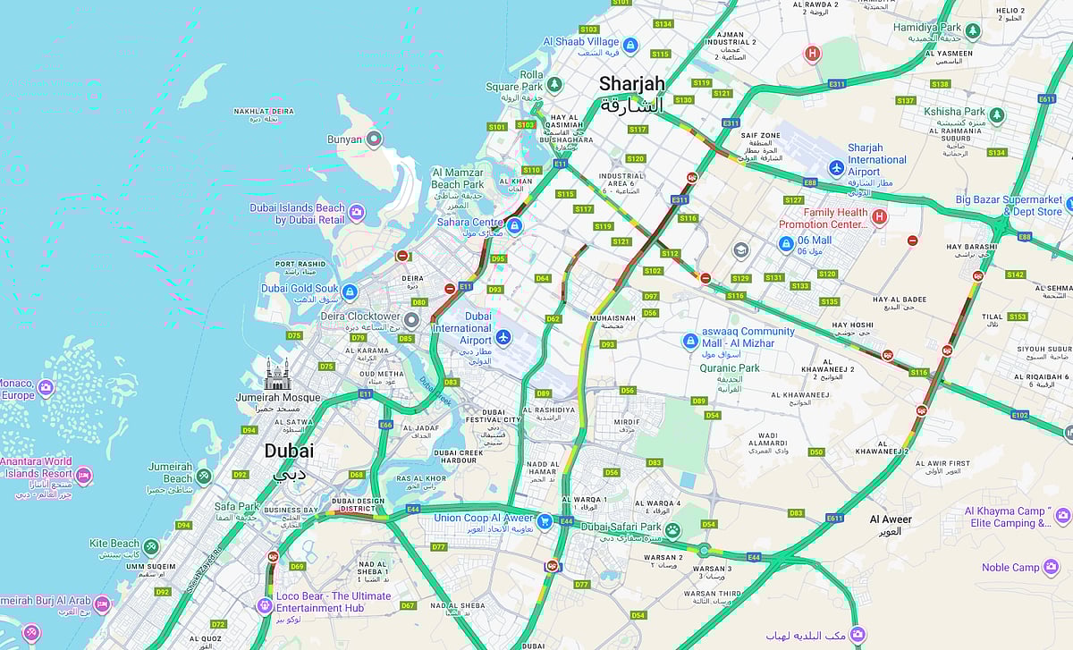 Significant tailbacks seen on both Al Ittihad Street and Sheikh Mohamed Bin Zayed Road.