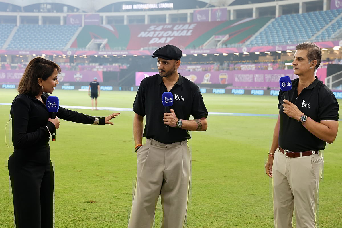 Commentators Ridhima Pathak, Harbhajan Singh and Nikhil Chopra during Season 4 of the DP World ILT20.