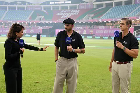 Commentators Ridhima Pathak, Harbhajan Singh and Nikhil Chopra during Season 4 of the DP World ILT20.