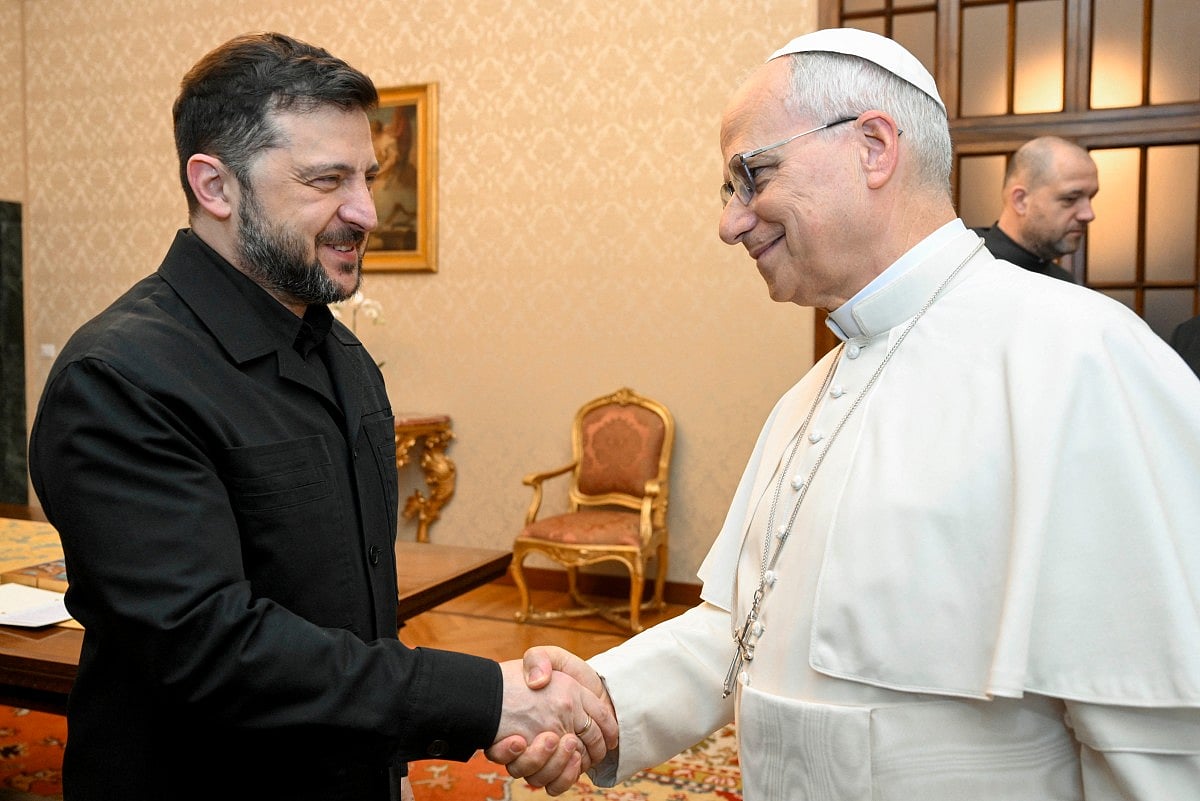 This photo taken and handout on December 9, 2025 by The Vatican Media shows Pope Leo XIV during a meeting with Ukraine's President Volodymyr Zelensky, in Castel Gandolfo.