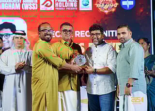 Kerala actor Niyas Backer (second right) receiving facilitation shield from Dubai-based businessman 
Firose Khan (2nd left) at the event in Dubai