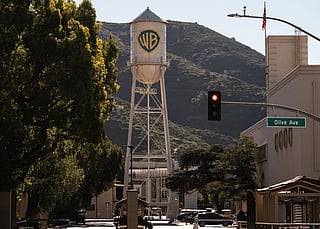 The Warner Bros. water tower is seen at Warner Bros. Studios in Burbank, Calif., Friday, Dec. 5, 2025.