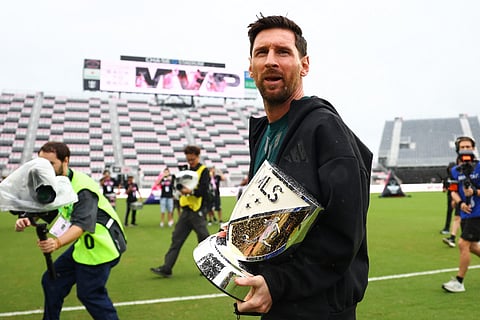 Lionel Messi of Inter Miami CF walks off the field after receiving the 2025 Landon Donovan MLS MVP trophy at Chase Stadium on December 09, 2025 in Fort Lauderdale, Florida.