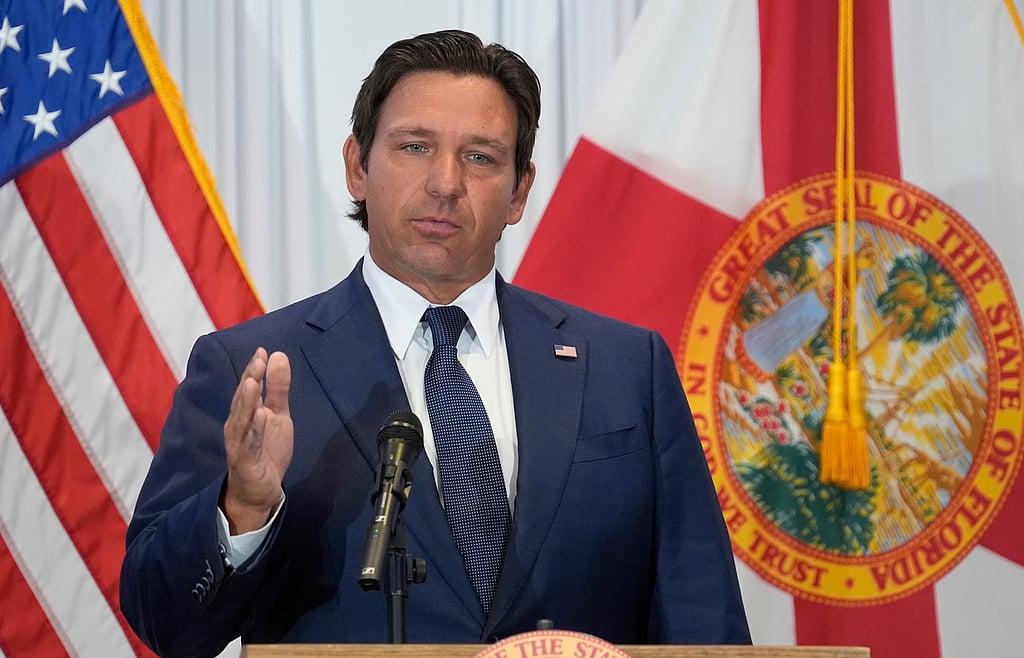 Florida Gov. Ron DeSantis speaks during a news conference. File photo taken on Aug. 12, 2025, in Tampa, Florida