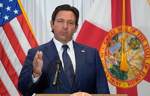 Florida Gov. Ron DeSantis speaks during a news conference. File photo taken on Aug. 12, 2025, in Tampa, Florida 
