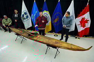 Paul Irngaut, Acting President of Nunavut Tunngavik Inc., left to right, Duane Smith, Chair and CEO of the Inuvialuit Regional Corp., Darrel Nasogaluak, Elder and Chair of Tuktoyaktuk Community Corp., and Natan Obed, President of Inuit Tapiriit Kanatami answer questions after the unveiling of a traditionally built Inuvialuit kayak and a selection of Inuit items at the Canadian Museum of History in Gatineau, Que., on Tuesday, Dec. 9, 2025. 